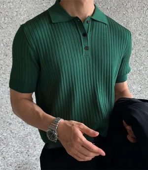 Summer Men's Clothing Retro Knit Lapel Striped Polo Shirt Solid Color Short Sleeve Fashion Light Luxury Popular Knitwear M-3XL