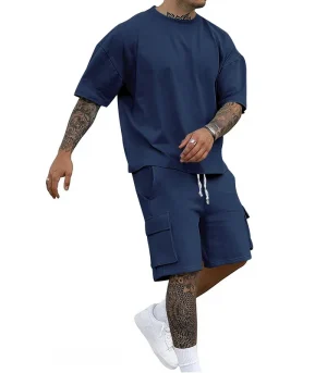New Summer Style Fashion T-shirt and Utility Shorts Solid Color Set, a Casual and Sporty Men's Suit