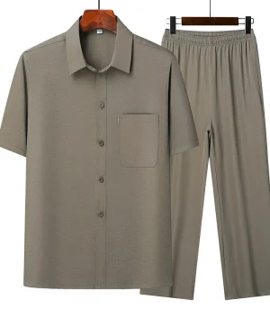 (Top + Pants) Summer Leisure All Match Middle-aged and Old Dad Men Fashion Trend Grandpa Loose Lapel Half-sleeve Shirt Set