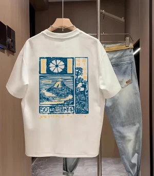 Men'S Cotton Casual Short Sleeve T-Shirt with Japanese Mount Fuji Cherry Blossoms Print Breathable Round Neck Summer Tee