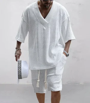 2024 Spring and Summer Casual Shorts Set Knitted Two Piece Men's V-neck Short Sleeve T-shirt and Shorts Street Wear Knitted Set