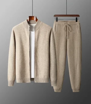 100% Merino Wool Two-piece Suit for Men Autumn Winter Knitting Zipper Cardigan and Slim-fit Pants Warm Thickened Clothing Sets