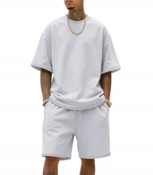 2025 100% Cotton Men's Summer American-Style Loose High Street Hip-Hop Sport Short-Sleeved Set with Shorts
