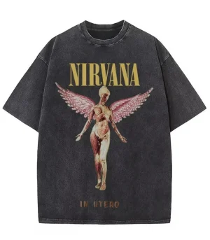 Nirvana rock band men's Retro cotton Washed Tee In Utero album man Women's oversized Y2K distress Tshirt Casual Loose streetwear